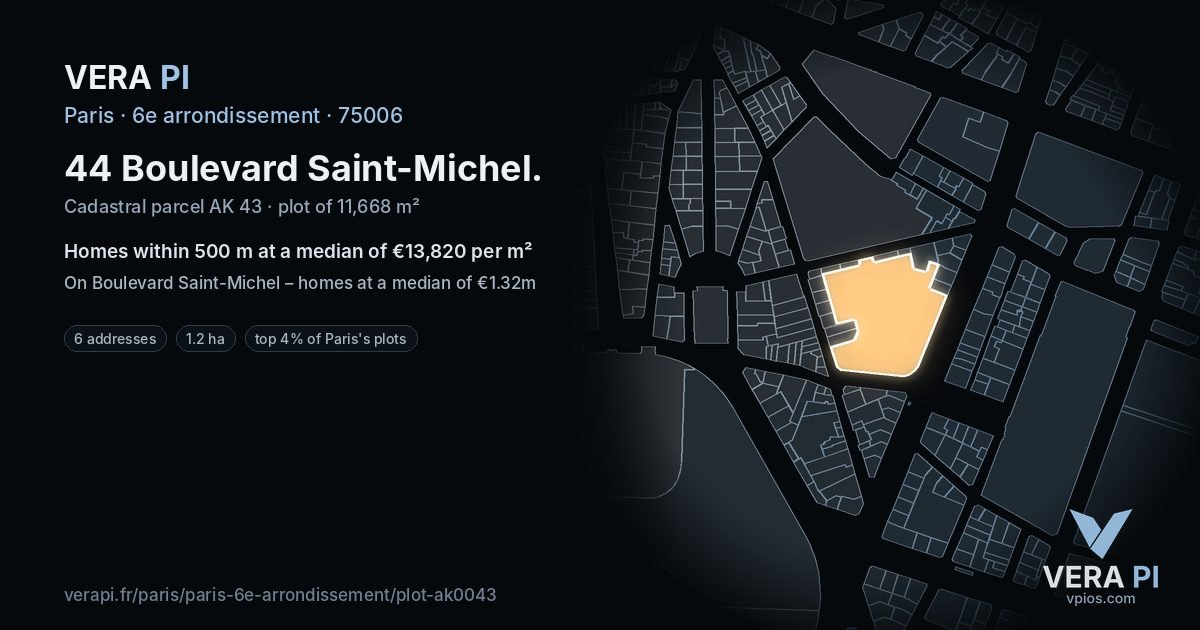 44 Boulevard Saint-Michel, 6e arrondissement at night – the plot lit, the parcels around coloured by the prices near them