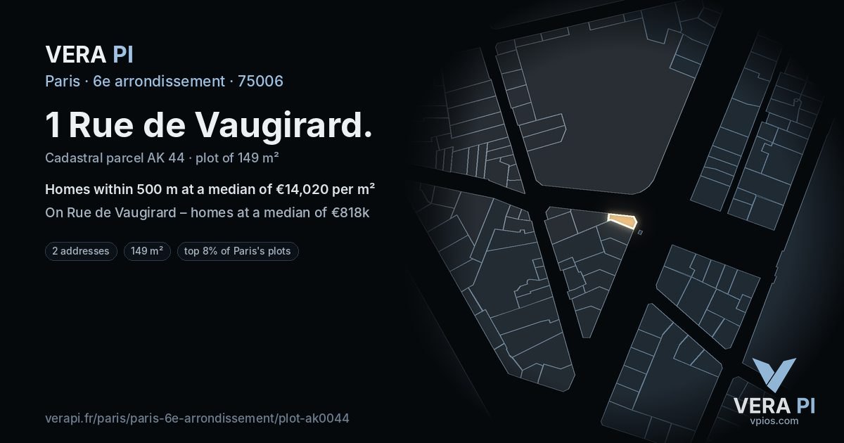 1 Rue de Vaugirard, 6e arrondissement at night – the plot lit, the parcels around coloured by the prices near them