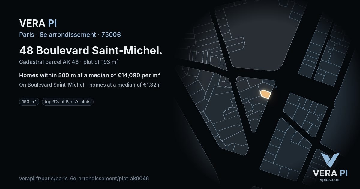 48 Boulevard Saint-Michel, 6e arrondissement at night – the plot lit, the parcels around coloured by the prices near them