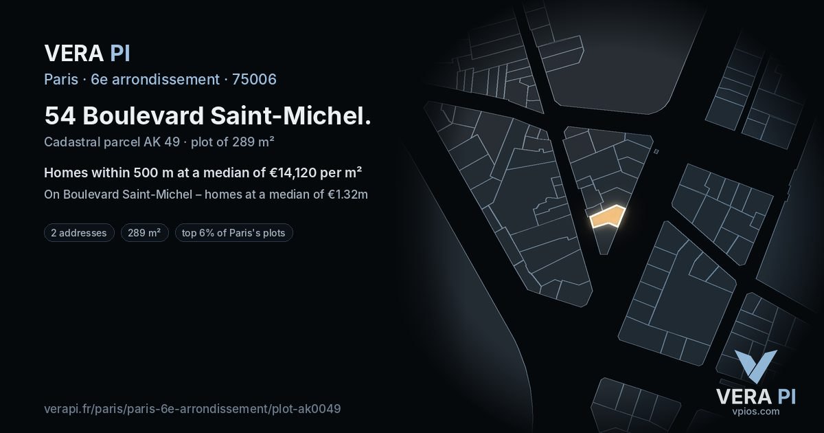 54 Boulevard Saint-Michel, 6e arrondissement at night – the plot lit, the parcels around coloured by the prices near them
