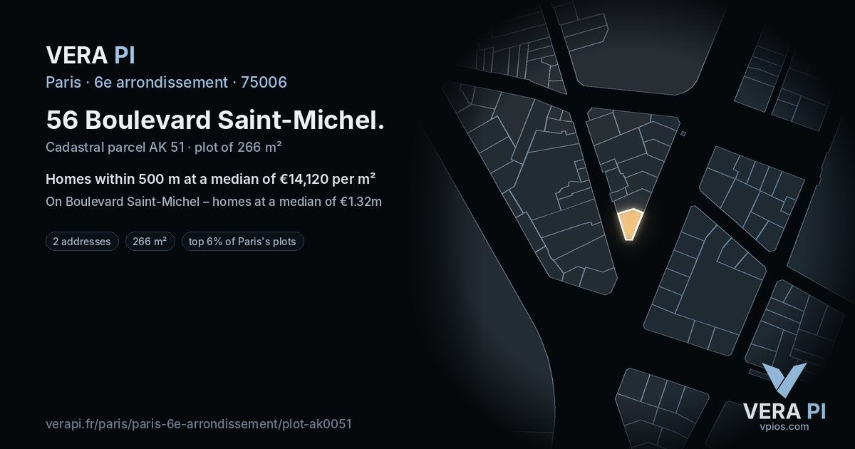 56 Boulevard Saint-Michel, 6e arrondissement at night – the plot lit, the parcels around coloured by the prices near them