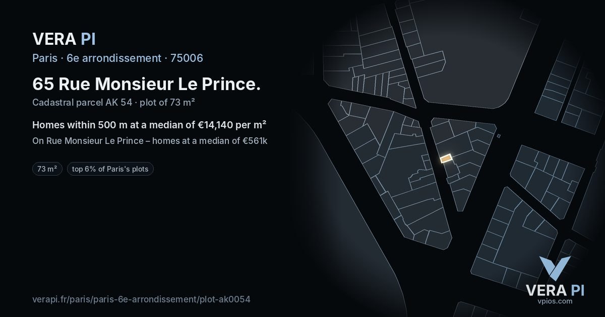 65 Rue Monsieur Le Prince, 6e arrondissement at night – the plot lit, the parcels around coloured by the prices near them