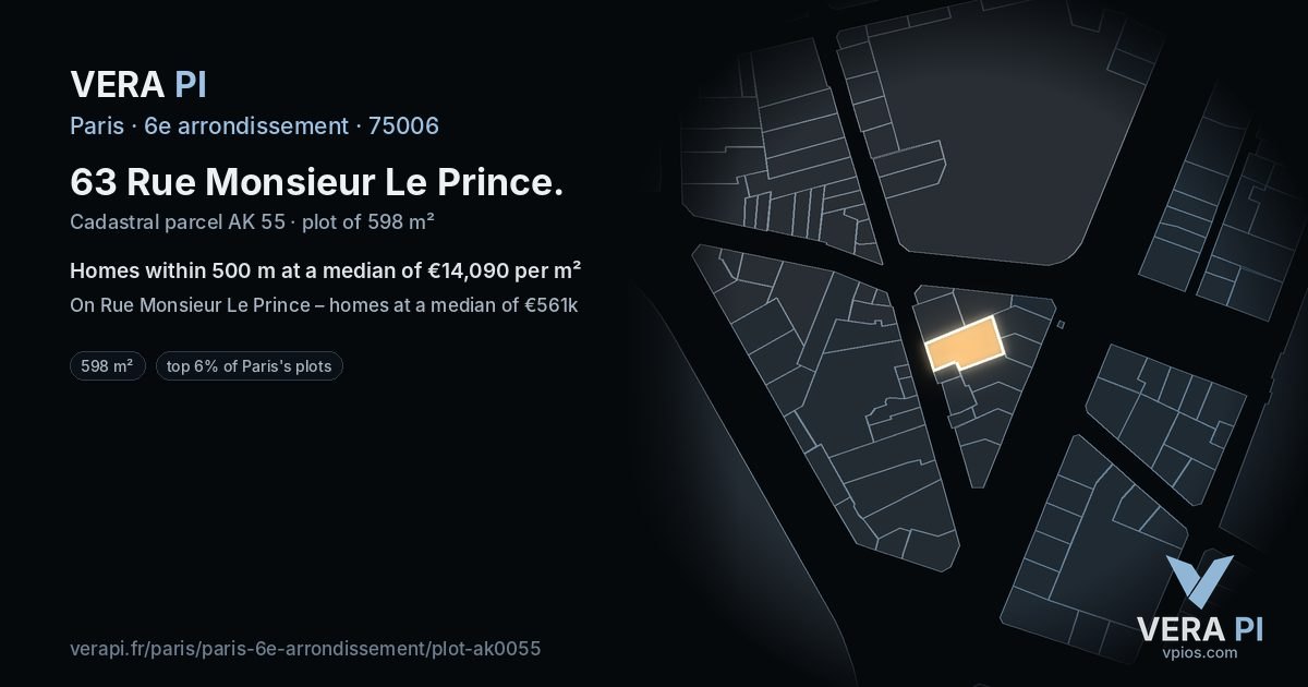 63 Rue Monsieur Le Prince, 6e arrondissement at night – the plot lit, the parcels around coloured by the prices near them
