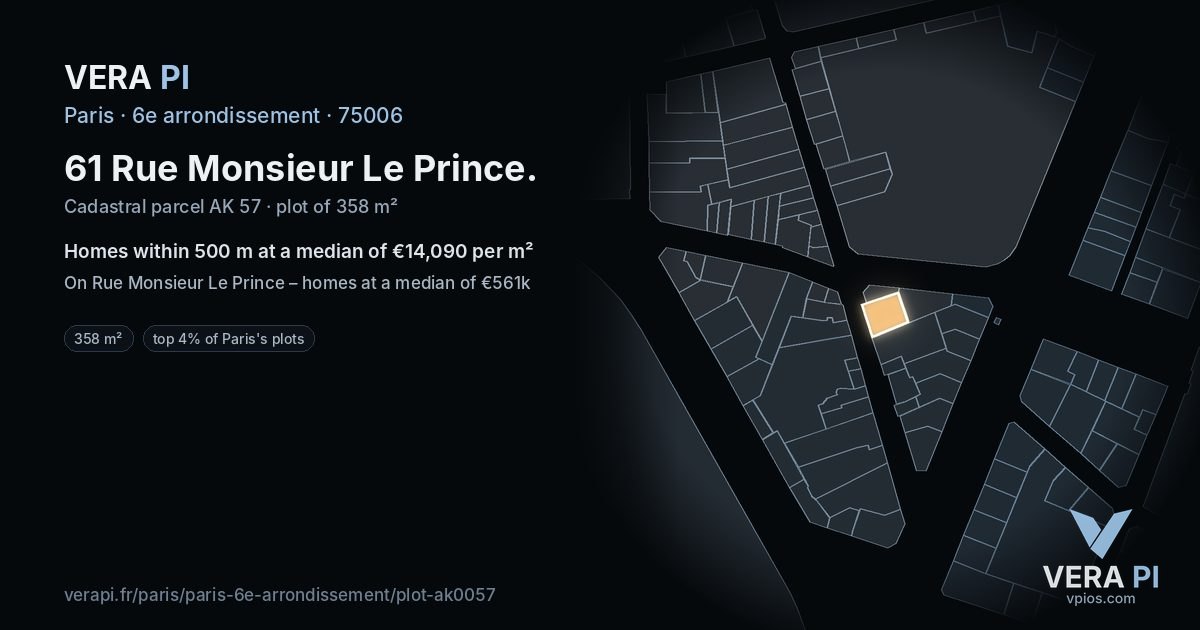 61 Rue Monsieur Le Prince, 6e arrondissement at night – the plot lit, the parcels around coloured by the prices near them