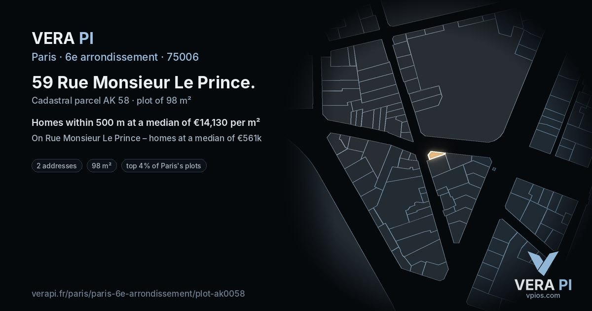59 Rue Monsieur Le Prince, 6e arrondissement at night – the plot lit, the parcels around coloured by the prices near them