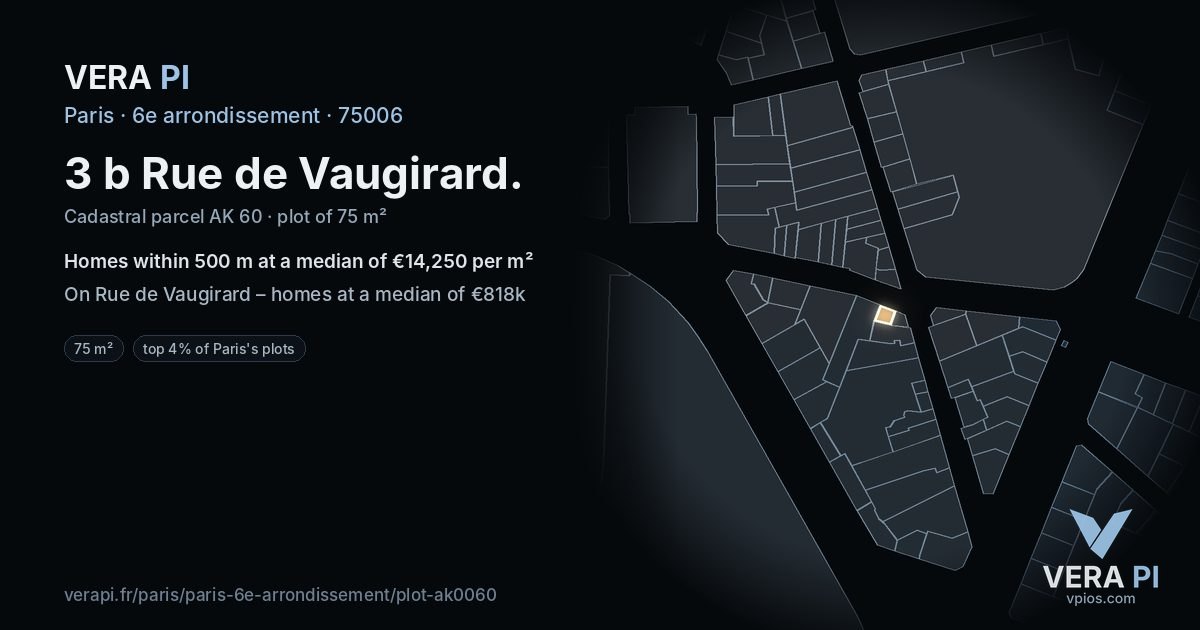 3 b Rue de Vaugirard, 6e arrondissement at night – the plot lit, the parcels around coloured by the prices near them