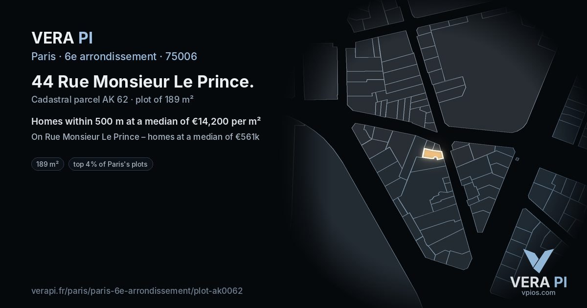 44 Rue Monsieur Le Prince, 6e arrondissement at night – the plot lit, the parcels around coloured by the prices near them