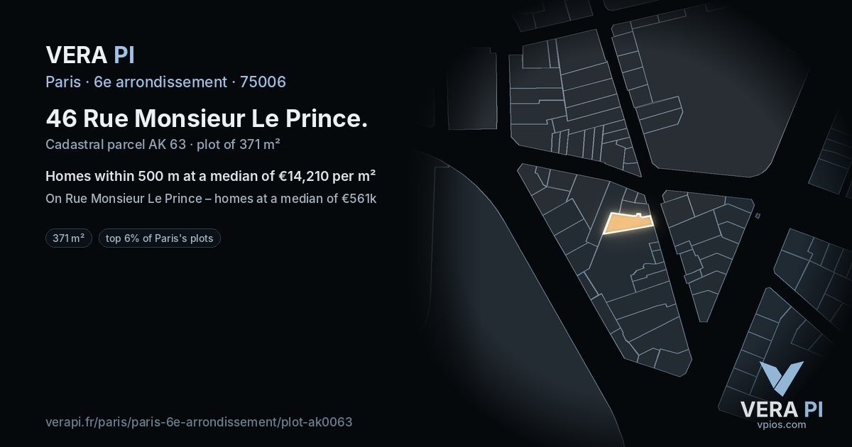 46 Rue Monsieur Le Prince, 6e arrondissement at night – the plot lit, the parcels around coloured by the prices near them