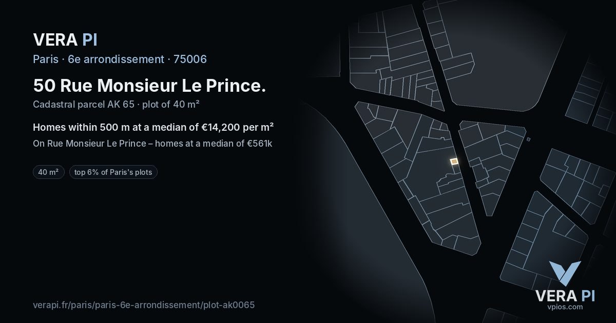 50 Rue Monsieur Le Prince, 6e arrondissement at night – the plot lit, the parcels around coloured by the prices near them
