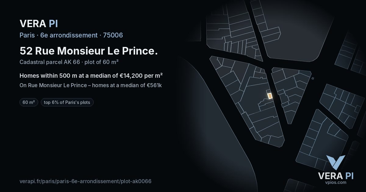 52 Rue Monsieur Le Prince, 6e arrondissement at night – the plot lit, the parcels around coloured by the prices near them