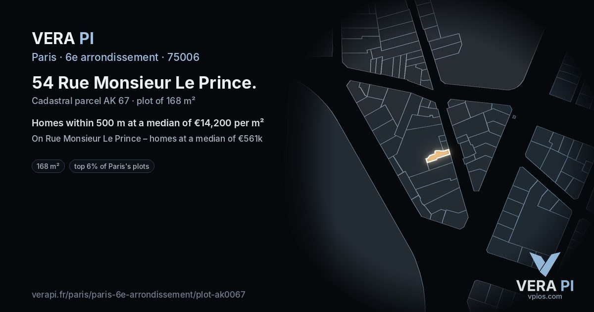 54 Rue Monsieur Le Prince, 6e arrondissement at night – the plot lit, the parcels around coloured by the prices near them