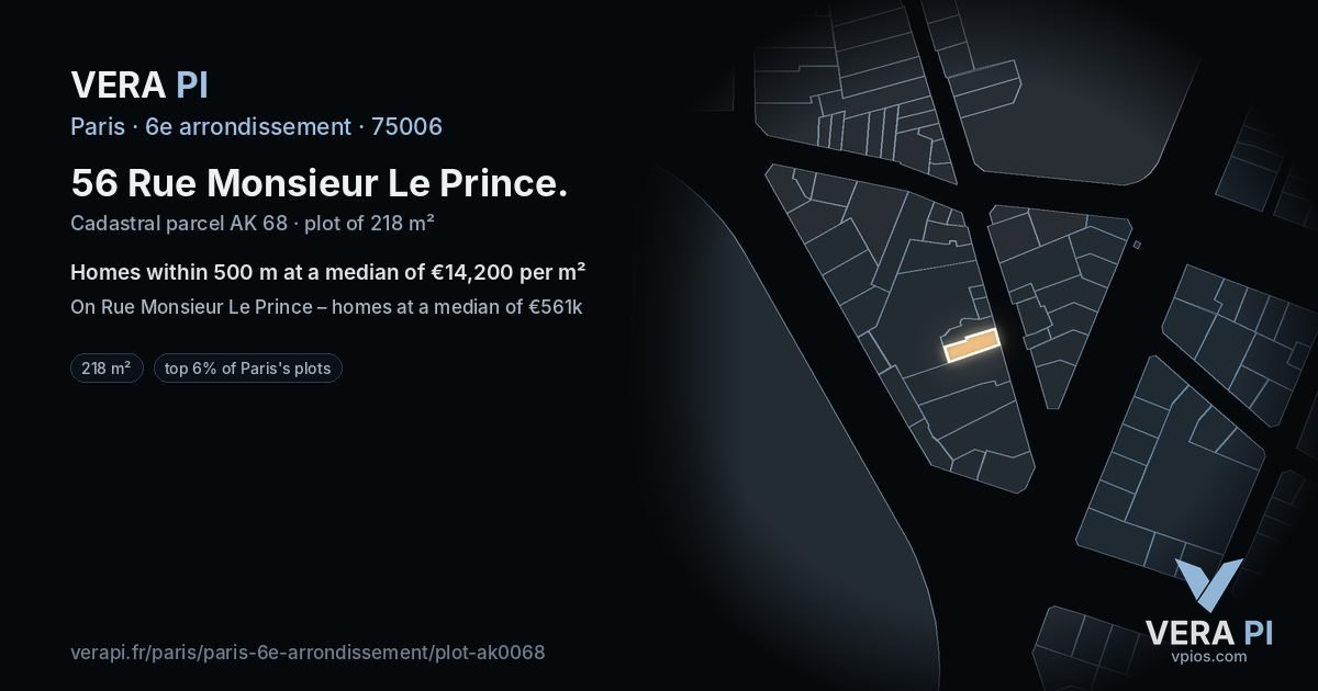 56 Rue Monsieur Le Prince, 6e arrondissement at night – the plot lit, the parcels around coloured by the prices near them
