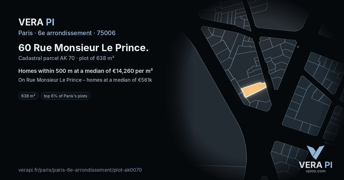 60 Rue Monsieur Le Prince, 6e arrondissement at night – the plot lit, the parcels around coloured by the prices near them