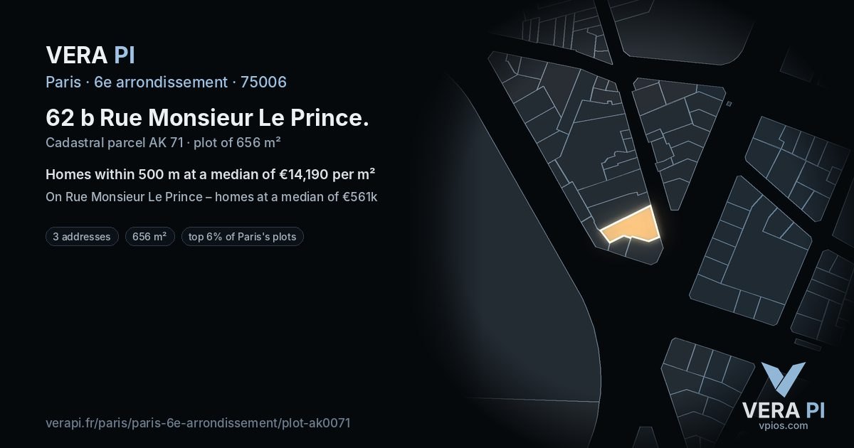 62 b Rue Monsieur Le Prince, 6e arrondissement at night – the plot lit, the parcels around coloured by the prices near them