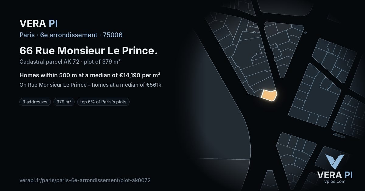 66 Rue Monsieur Le Prince, 6e arrondissement at night – the plot lit, the parcels around coloured by the prices near them