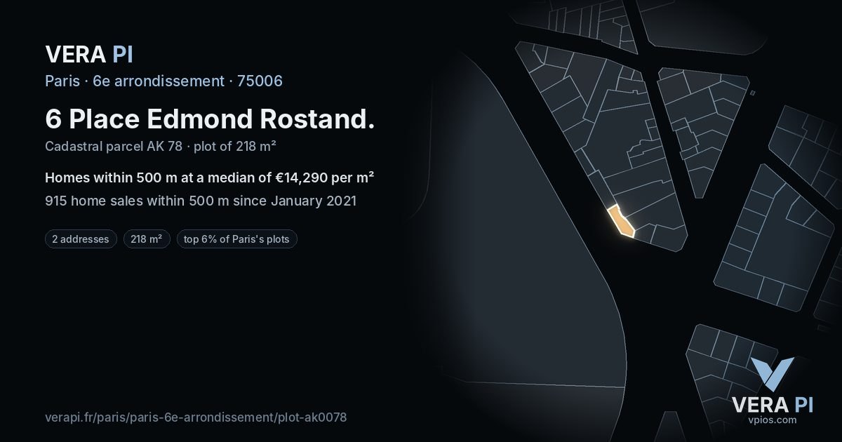 6 Place Edmond Rostand, 6e arrondissement at night – the plot lit, the parcels around coloured by the prices near them