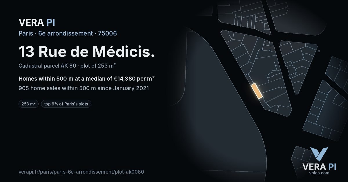 13 Rue de Médicis, 6e arrondissement at night – the plot lit, the parcels around coloured by the prices near them