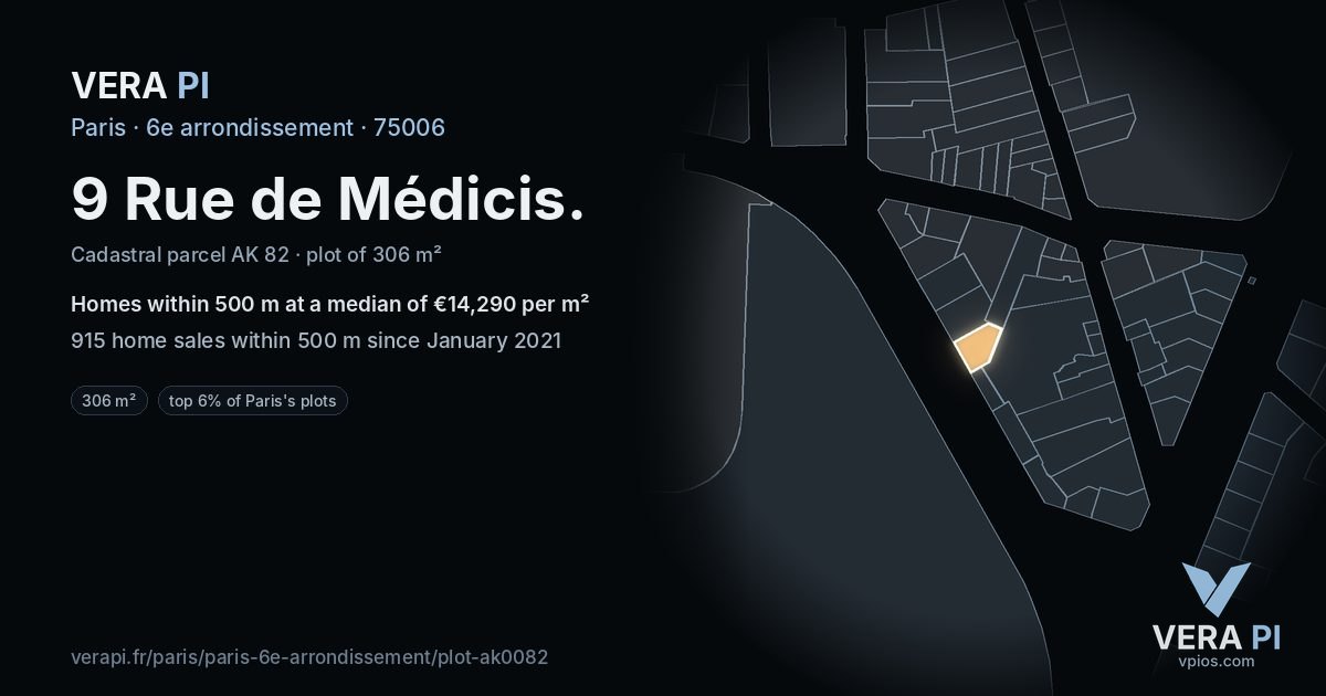 9 Rue de Médicis, 6e arrondissement at night – the plot lit, the parcels around coloured by the prices near them
