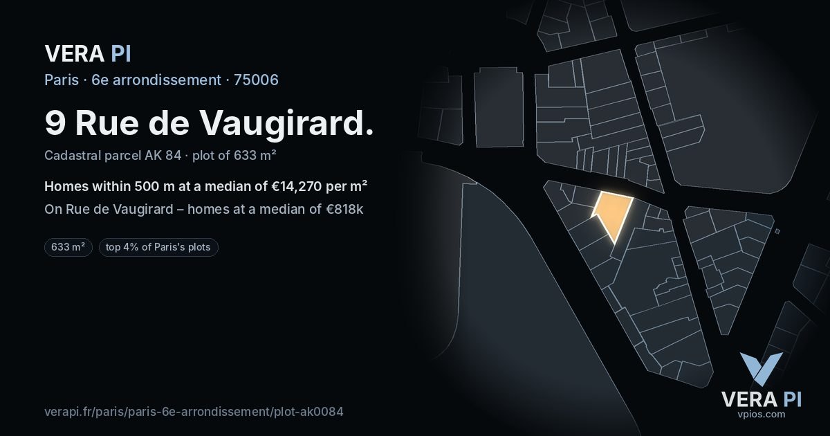 9 Rue de Vaugirard, 6e arrondissement at night – the plot lit, the parcels around coloured by the prices near them