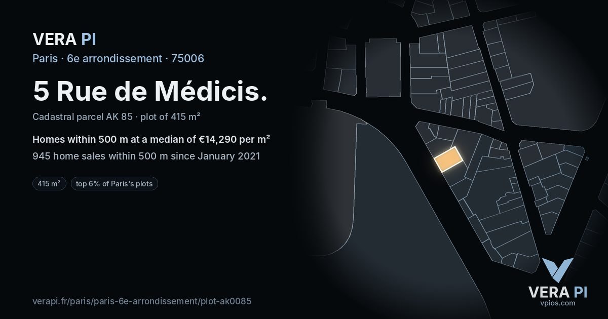 5 Rue de Médicis, 6e arrondissement at night – the plot lit, the parcels around coloured by the prices near them