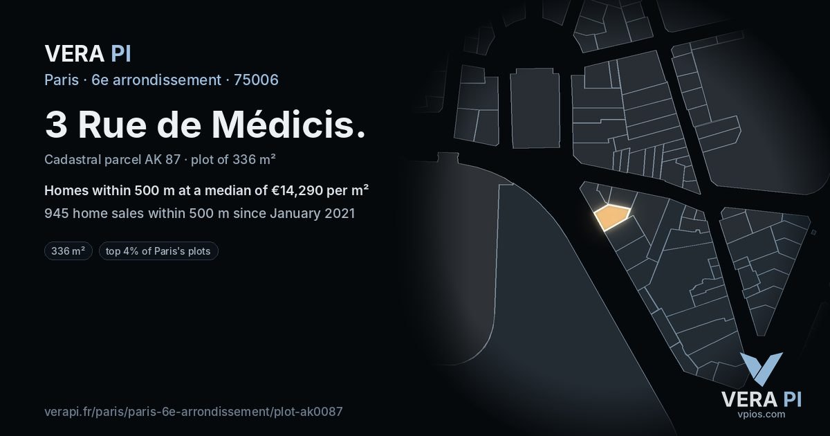 3 Rue de Médicis, 6e arrondissement at night – the plot lit, the parcels around coloured by the prices near them