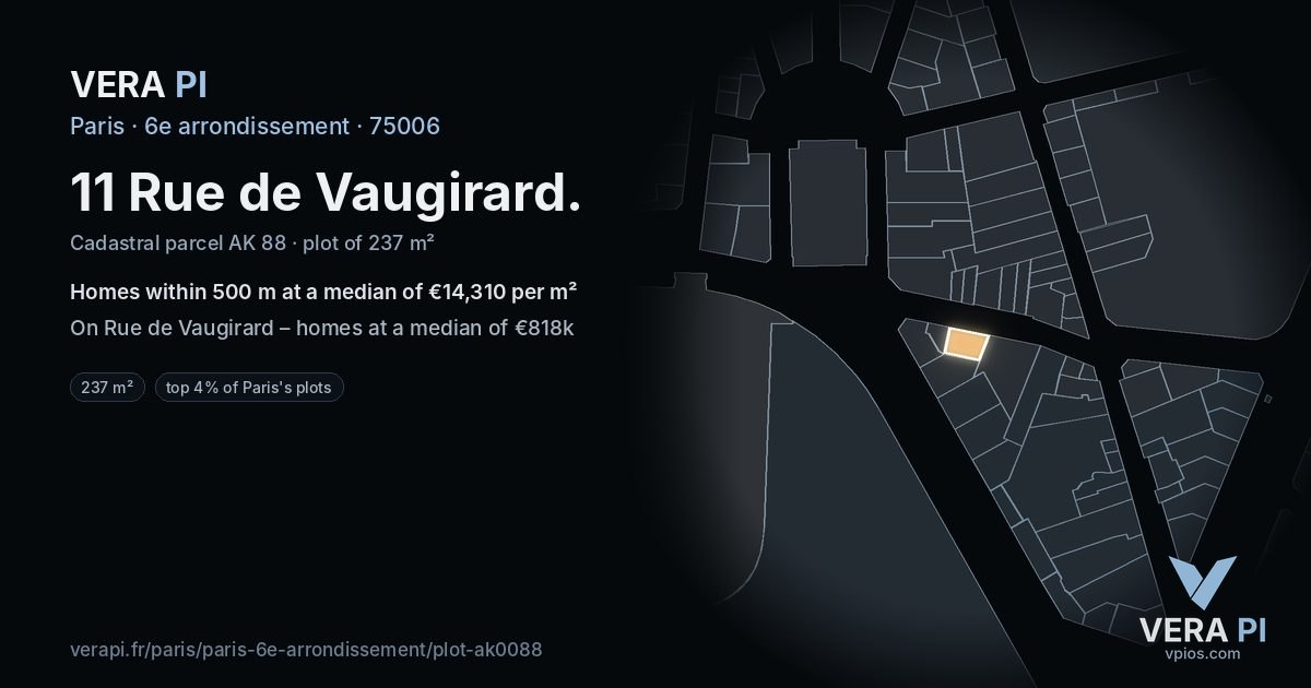 11 Rue de Vaugirard, 6e arrondissement at night – the plot lit, the parcels around coloured by the prices near them