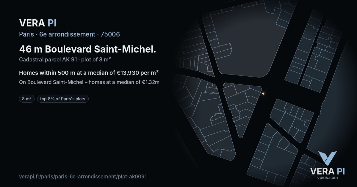 46 m Boulevard Saint-Michel, 6e arrondissement at night – the plot lit, the parcels around coloured by the prices near them