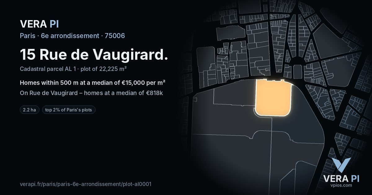 15 Rue de Vaugirard, 6e arrondissement at night – the plot lit, the parcels around coloured by the prices near them
