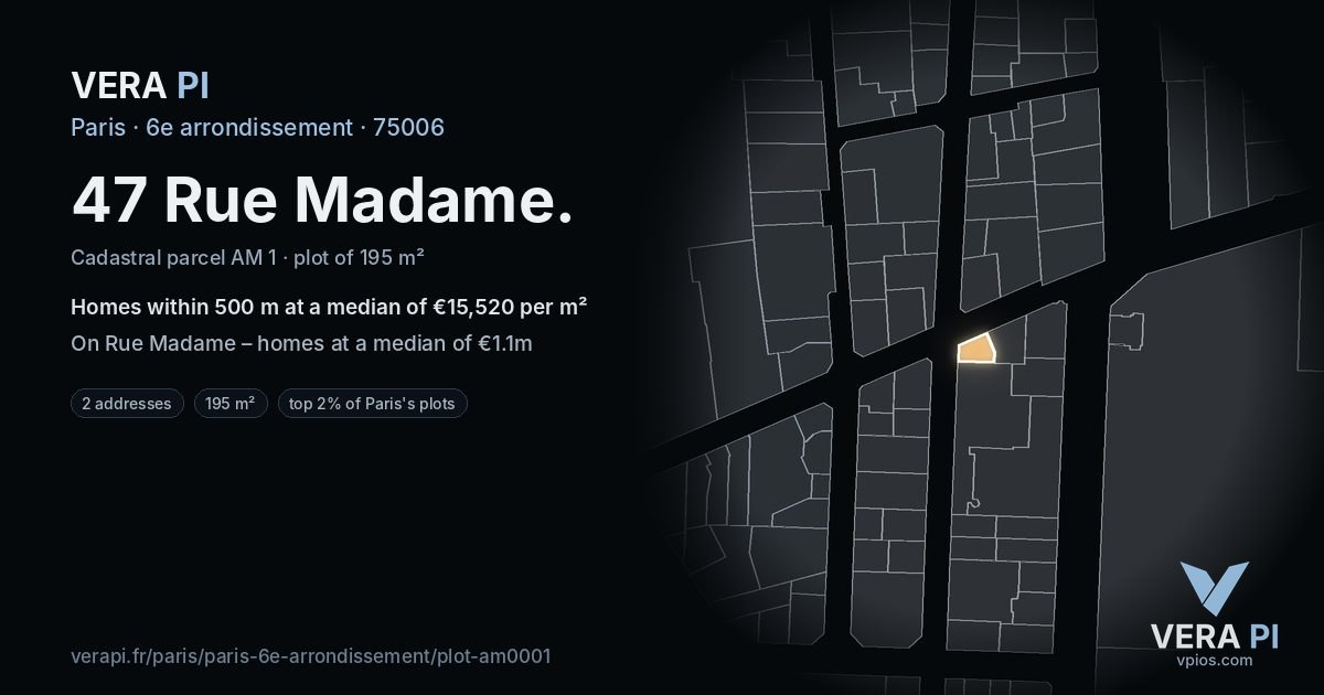 47 Rue Madame, 6e arrondissement at night – the plot lit, the parcels around coloured by the prices near them