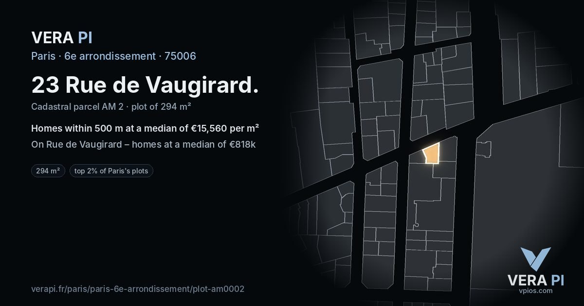 23 Rue de Vaugirard, 6e arrondissement at night – the plot lit, the parcels around coloured by the prices near them