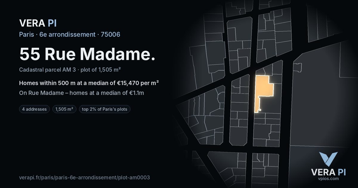 55 Rue Madame, 6e arrondissement at night – the plot lit, the parcels around coloured by the prices near them