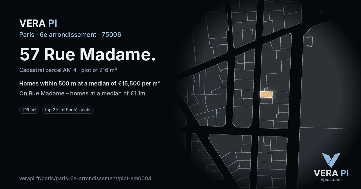 57 Rue Madame, 6e arrondissement at night – the plot lit, the parcels around coloured by the prices near them