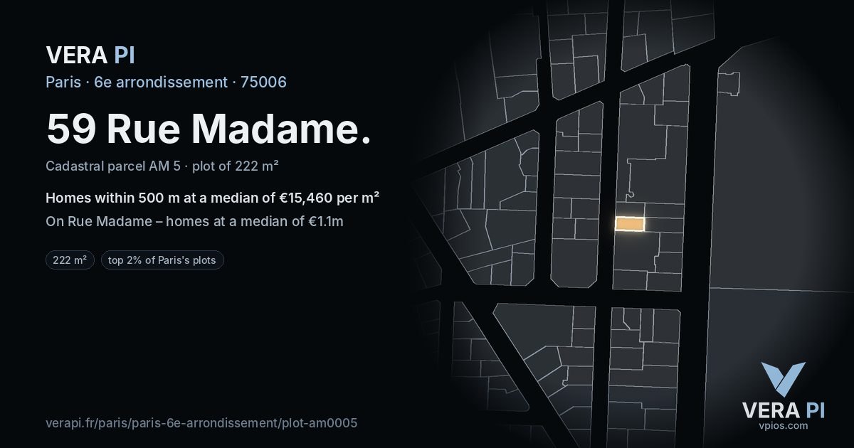 59 Rue Madame, 6e arrondissement at night – the plot lit, the parcels around coloured by the prices near them