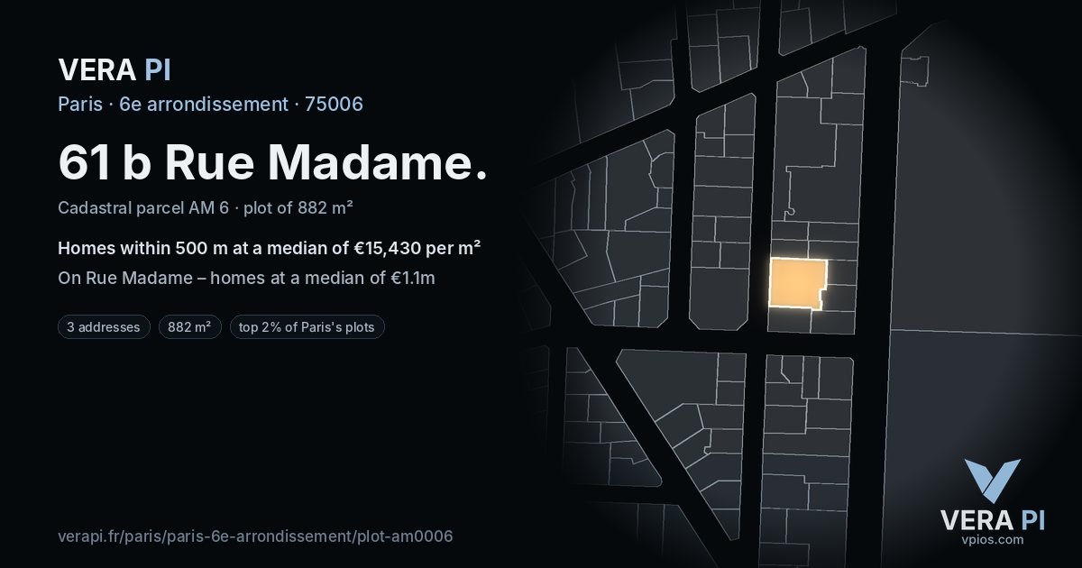 61 b Rue Madame, 6e arrondissement at night – the plot lit, the parcels around coloured by the prices near them