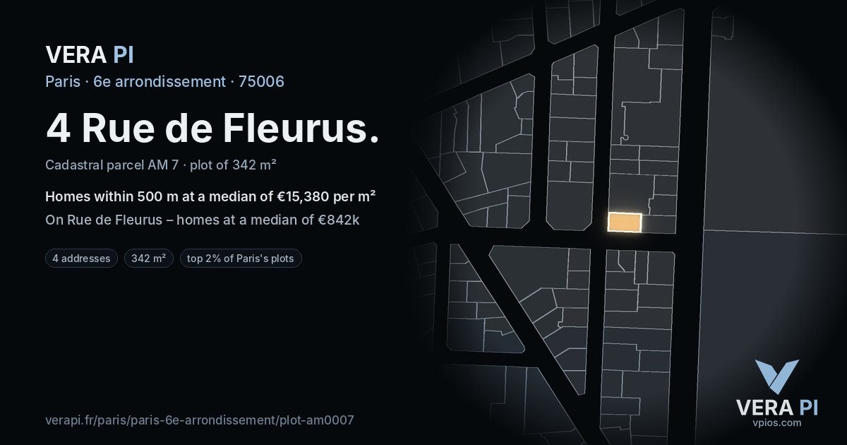 4 Rue de Fleurus, 6e arrondissement at night – the plot lit, the parcels around coloured by the prices near them