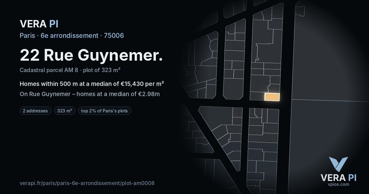 22 Rue Guynemer, 6e arrondissement at night – the plot lit, the parcels around coloured by the prices near them