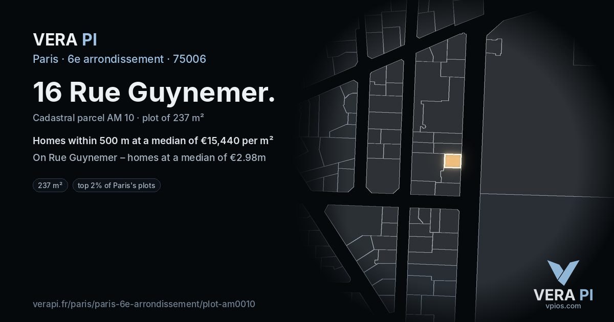 16 Rue Guynemer, 6e arrondissement at night – the plot lit, the parcels around coloured by the prices near them