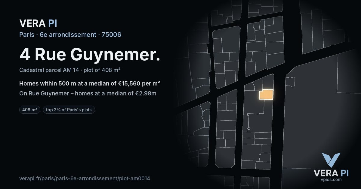 4 Rue Guynemer, 6e arrondissement at night – the plot lit, the parcels around coloured by the prices near them