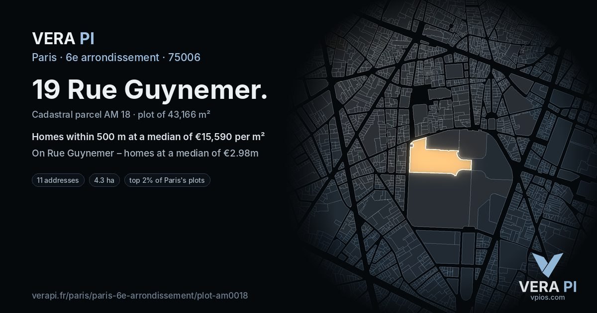 19 Rue Guynemer, 6e arrondissement at night – the plot lit, the parcels around coloured by the prices near them