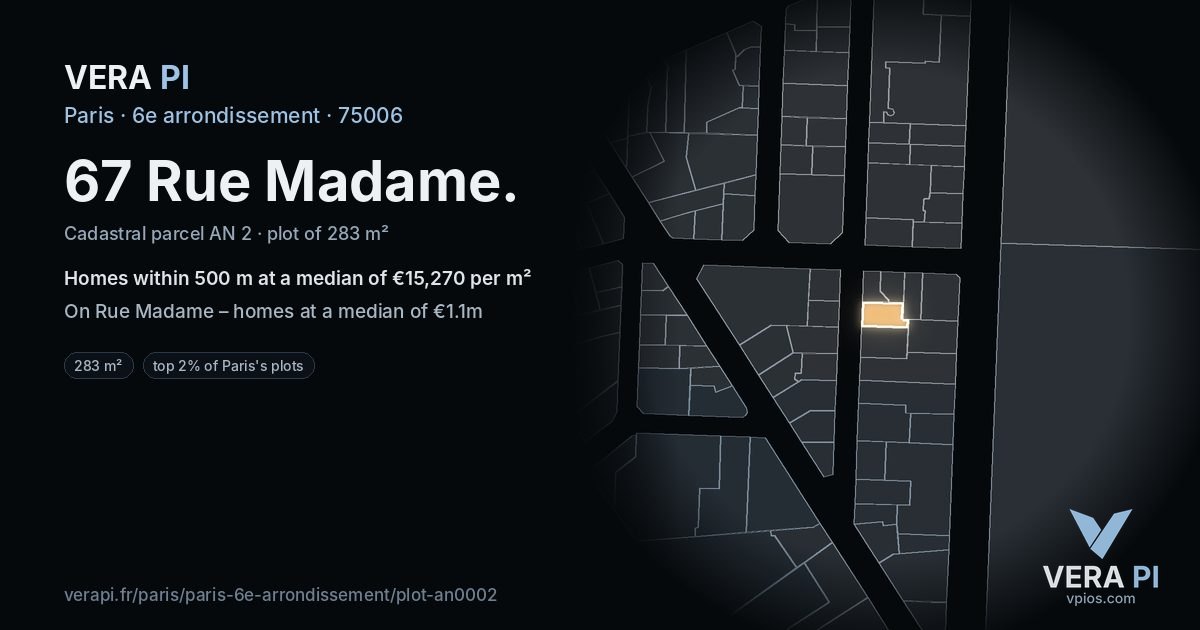 67 Rue Madame, 6e arrondissement at night – the plot lit, the parcels around coloured by the prices near them