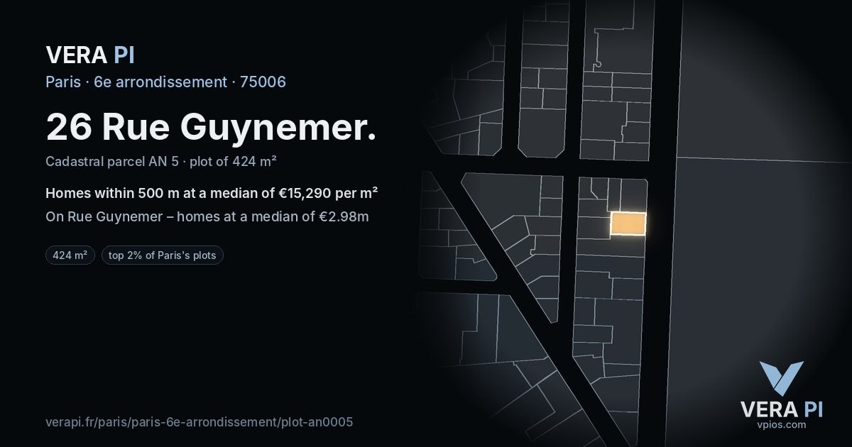 26 Rue Guynemer, 6e arrondissement at night – the plot lit, the parcels around coloured by the prices near them