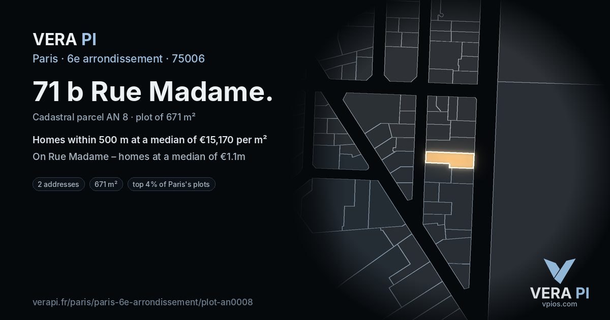 71 b Rue Madame, 6e arrondissement at night – the plot lit, the parcels around coloured by the prices near them