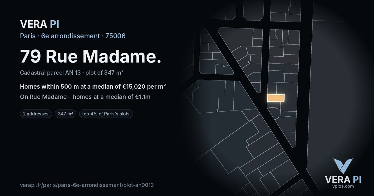 79 Rue Madame, 6e arrondissement at night – the plot lit, the parcels around coloured by the prices near them