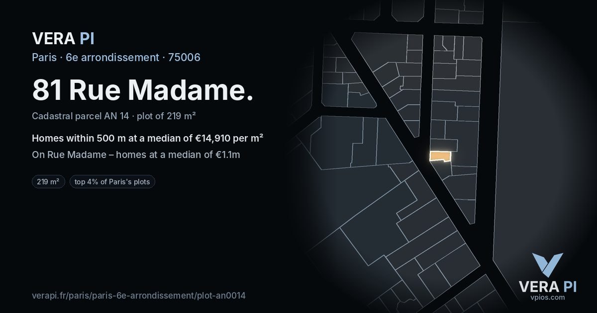 81 Rue Madame, 6e arrondissement at night – the plot lit, the parcels around coloured by the prices near them
