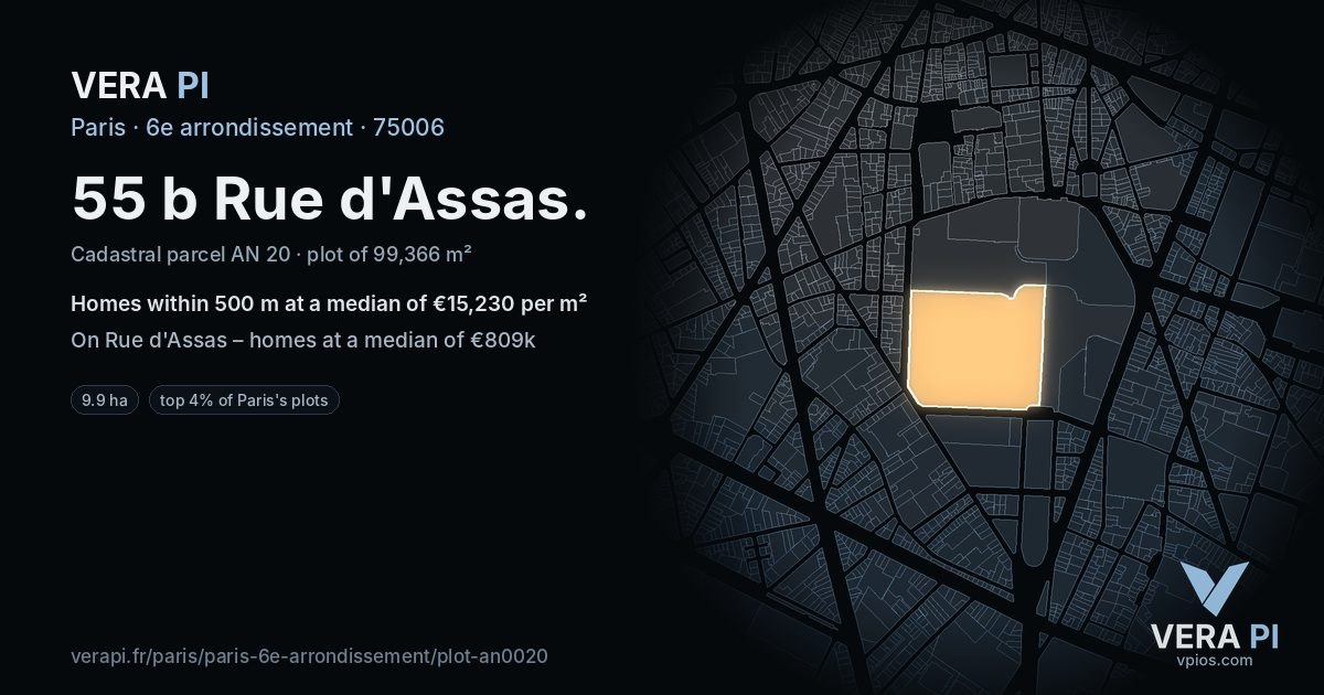 55 b Rue d'Assas, 6e arrondissement at night – the plot lit, the parcels around coloured by the prices near them