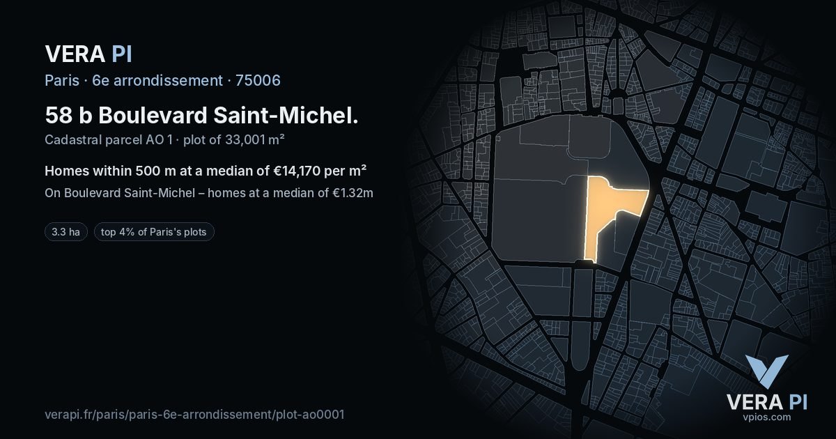 58 b Boulevard Saint-Michel, 6e arrondissement at night – the plot lit, the parcels around coloured by the prices near them