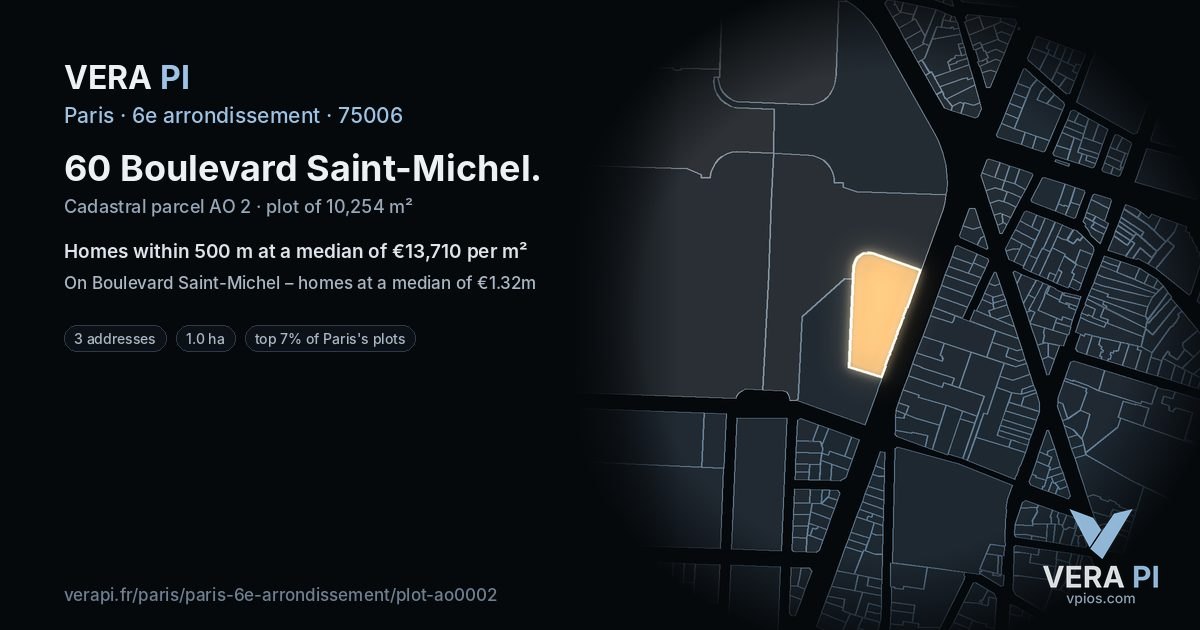 60 Boulevard Saint-Michel, 6e arrondissement at night – the plot lit, the parcels around coloured by the prices near them