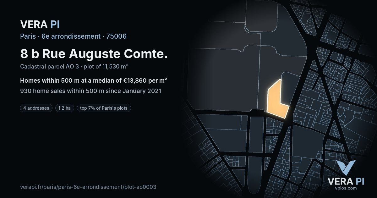 8 b Rue Auguste Comte, 6e arrondissement at night – the plot lit, the parcels around coloured by the prices near them