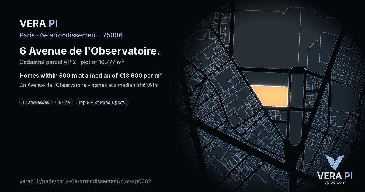 6 Avenue de l'Observatoire, 6e arrondissement at night – the plot lit, the parcels around coloured by the prices near them