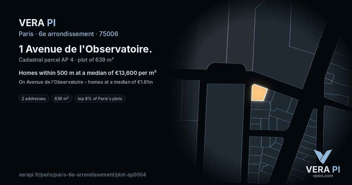 1 Avenue de l'Observatoire, 6e arrondissement at night – the plot lit, the parcels around coloured by the prices near them